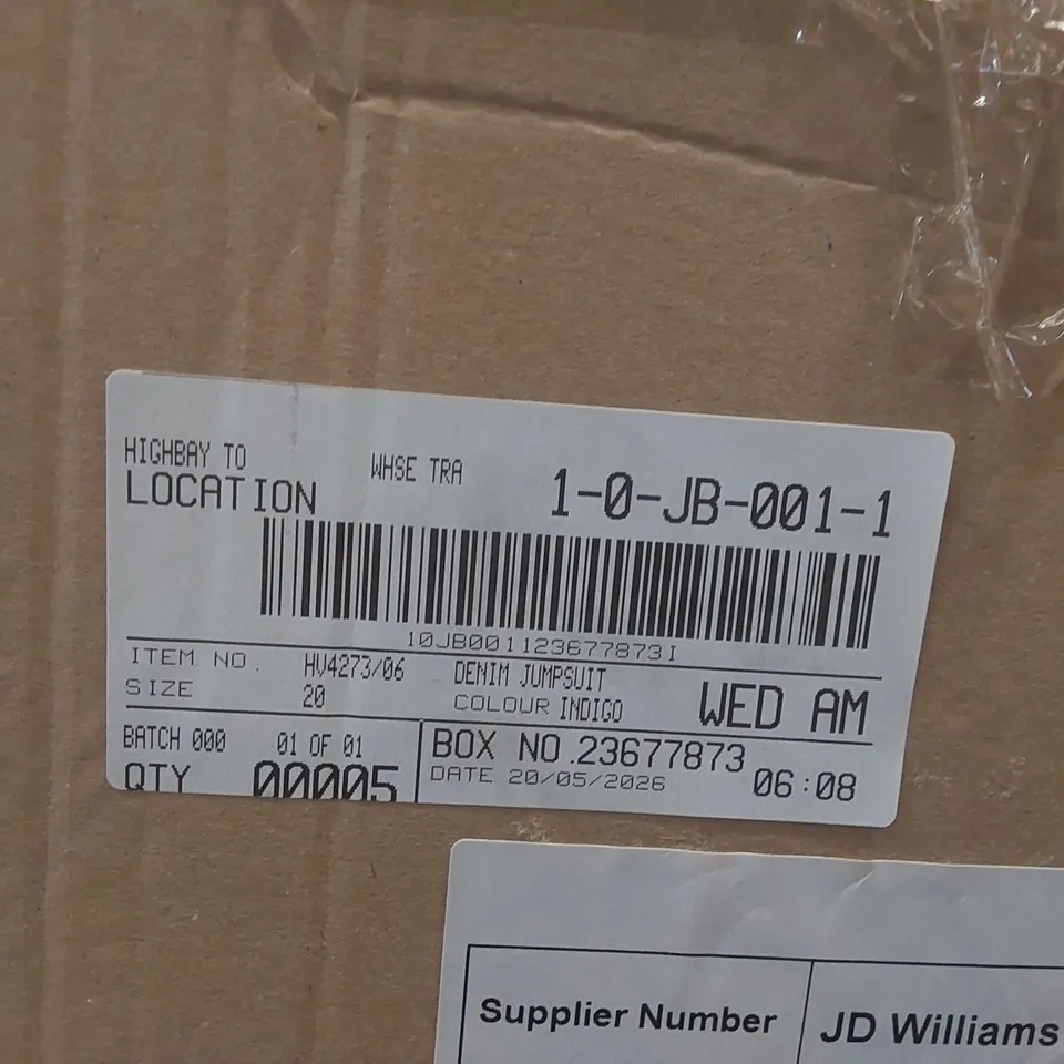 BOX CONTAINING APPROXIMATELY 5x BRAND NEW JD WILLIAMS INDIGO JUMPSUITS - SIZE 20