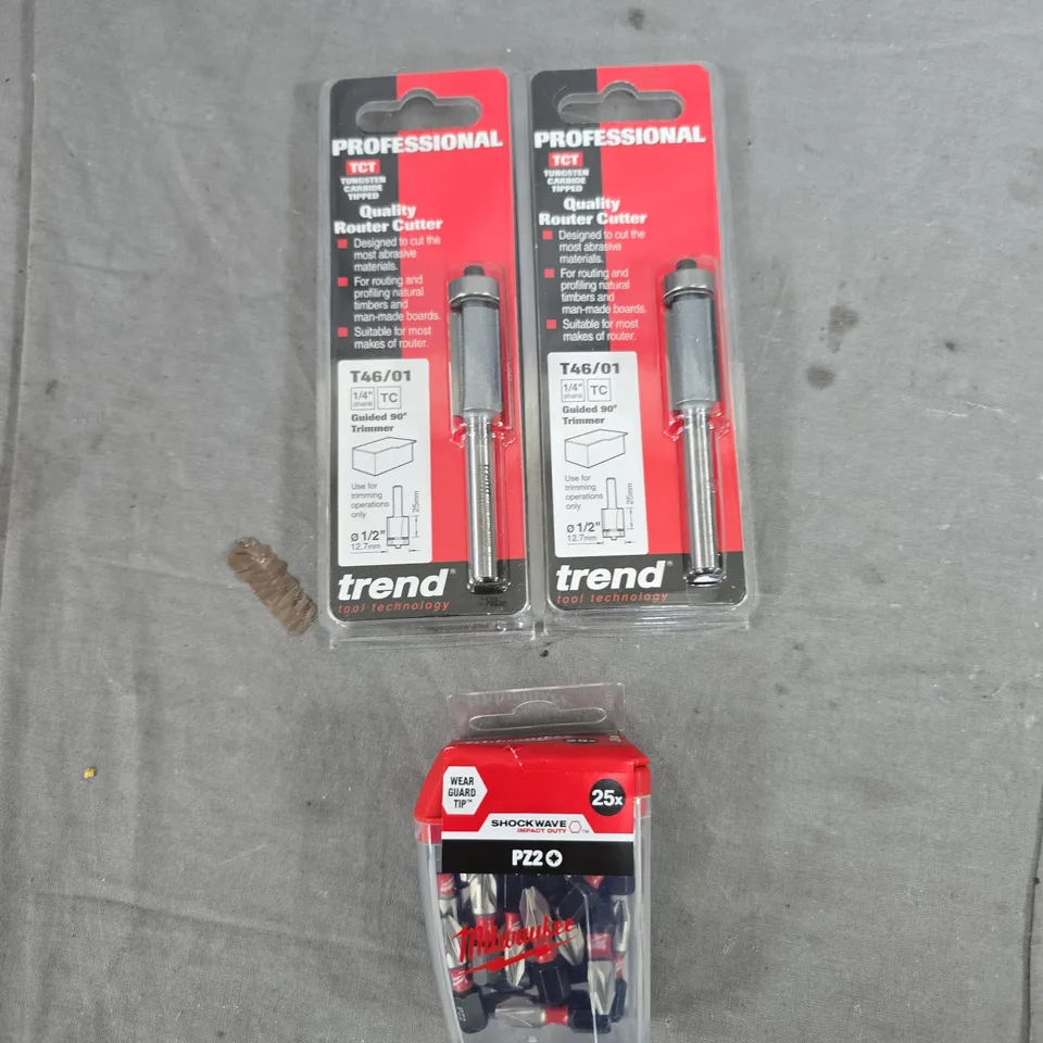 TREND PROFESSIONAL ROUTER CUTTER SET T46/01 (1/4" SHANK) – TWIN PACK + MILWAUKEE PZ2 SCREWDRIVER BITS SET (25PC)