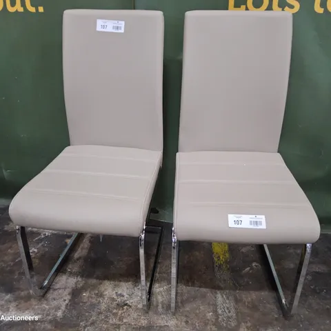 PAIR OF CHROME FRAMED LIGHT GREY PU UPHOLSTERED DINING CHAIRS