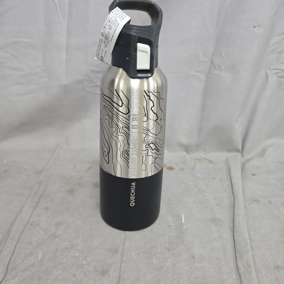 QUECHUA INSULATED STAINLESS STEEL WATER BOTTLE, BLACK BASE & SILVER PATTERN UNBOXED