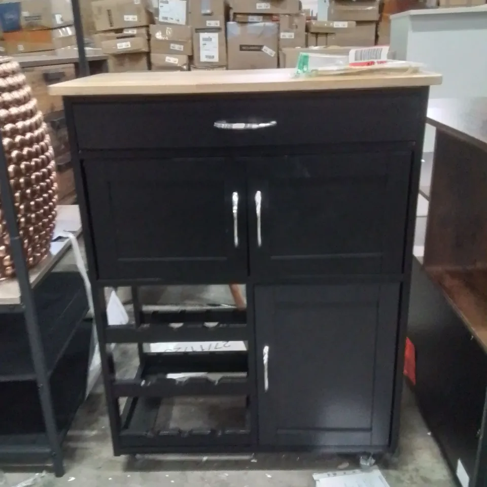 ERLAND 67CM KITCHEN TROLLEY WITH LOCKING WHEELS  BLACK WITH OAK TOP