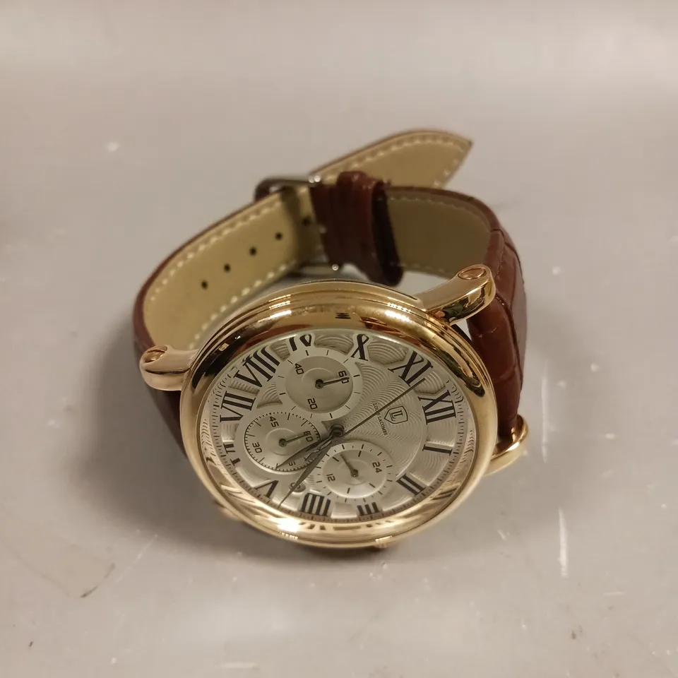 MENS LOUIS LACOMBE CHRONOGRAPH WATCH – MULTI FUNCTION DIAL WITH DATE – ROMAN NUMERAL DIAL – LEATHER STRAP