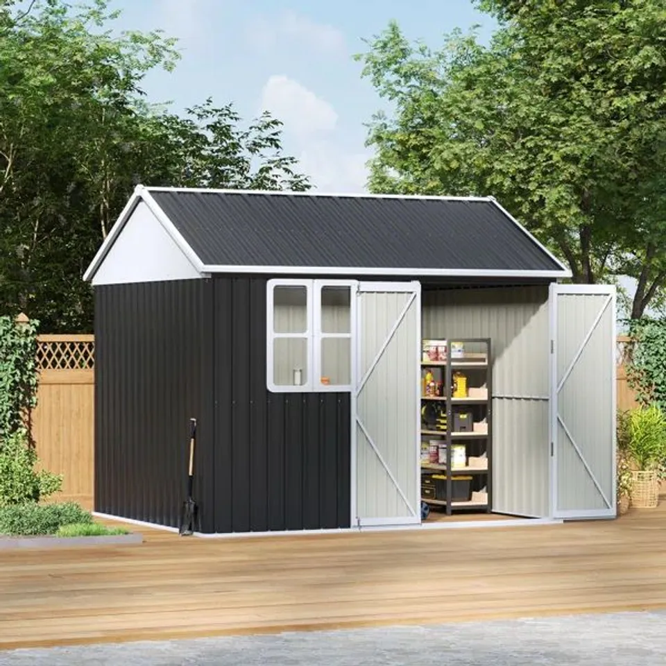 BOXED 10 X 8FT OUTDOOR METAL APEX ROOF GARDEN STORAGE SHED (3 BOXES)