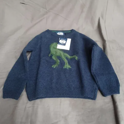 CHELSEA CLOTHING CO DEACON DINOSAUR JUMOER IN NAVY MARL SIZE 2/3YRS