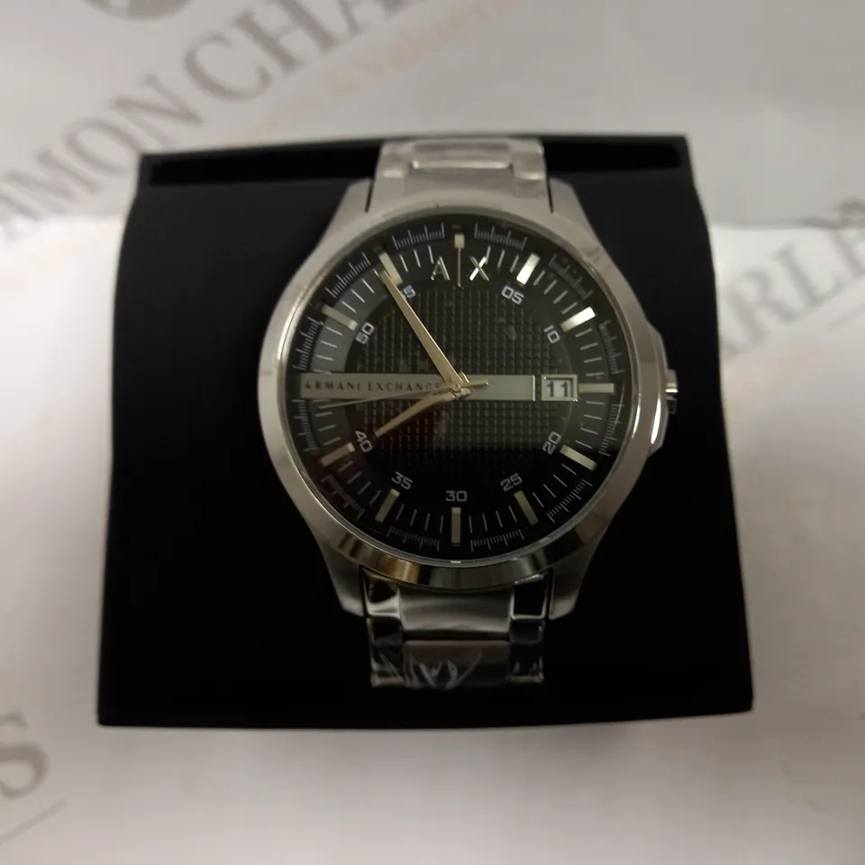 BOXED ARMANI EXCHANGE STAINLESS STEEL THREE HAND WATCH WITH BRACELET STRAP