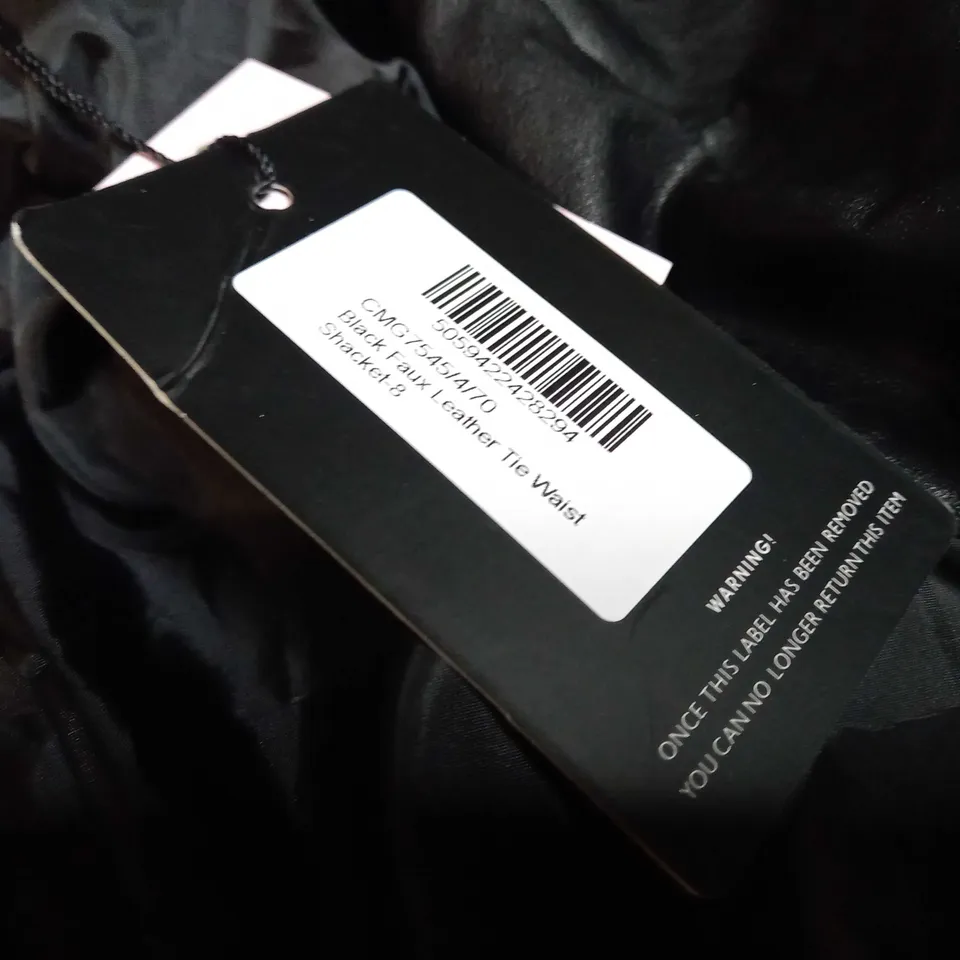 PRETTYLITTLETHING BLACK FAUX LEATHE TIE WAIST SHACKET - SIZE 8
