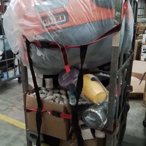 CAGE OF ASSORTED HOUSEHOLD GOODS AND PRODUCTS TO INCLUDE;YOGA MATS,INTERIOR DEHUMIDIFIERS,VACUUM CLEANER,COAT HANGERS 