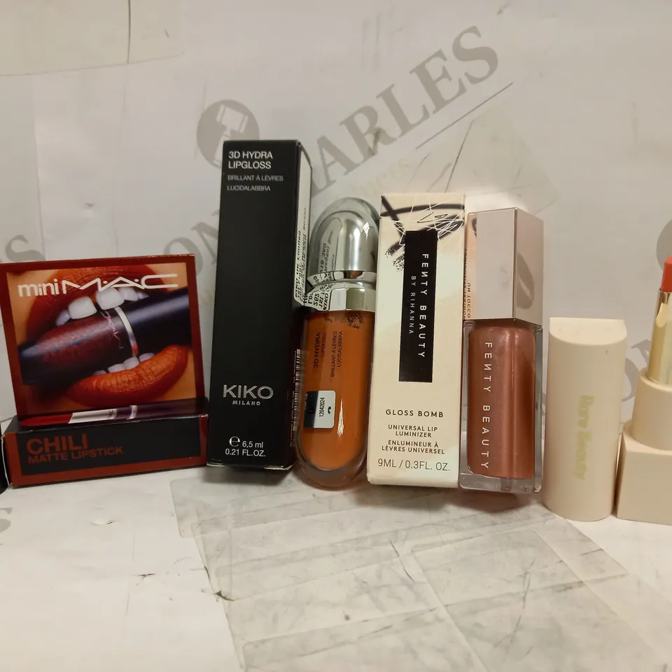 LOT OF 4 DESIGNER LIP MAKE UP ITEMS, TO INCLUDE RARE BEAUTY, FENTY, MAC & KIKO
