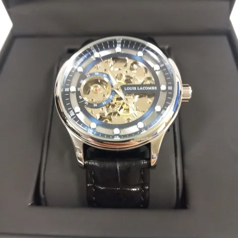 MENS LOUIS LACOMBE AUTOMATIC WATCH β SKELETON DIAL β GLASS EXHIBITION BACK CASE β LEATHER STRAP β GIFT BOX β EST Β£380