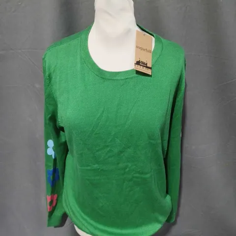 SUGARHILL RITA JUMPER IN GREEN FLOWER SLEEVES SIZE 14