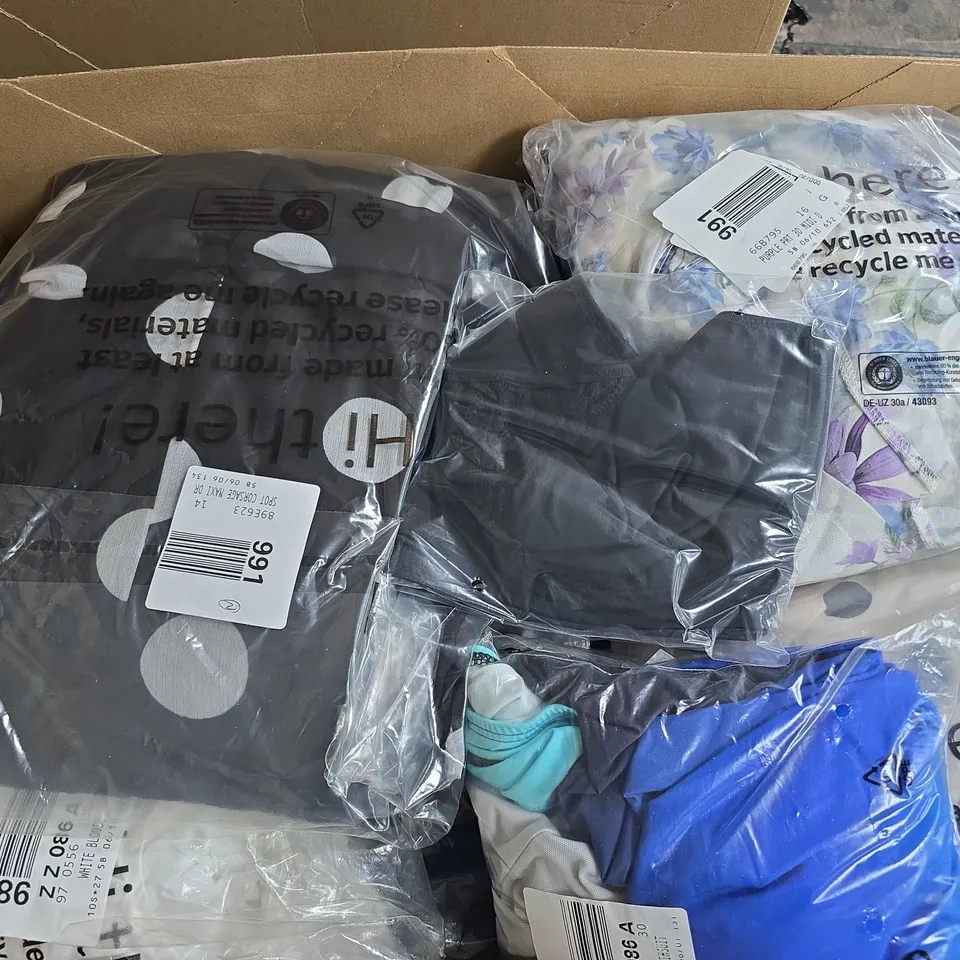 APPROXIMATELY 23 ASSORTED CLOTHING ITEMS IN VARIOUS SIZES, STYLES & SIZES TO INCLUDE DARK BLUE DRESSES , BLACK LINEN TROUSERS , WIDE LEG TROUSERS ETC - COLLECTION ONLY