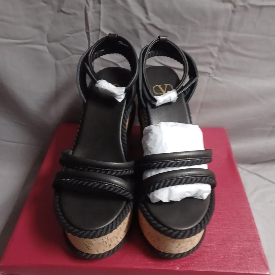 BOXED PAIR OF VALENTINO WOMEN'S BLACK LEATHER CORK-PLATFORM SANDALS, EU 40 