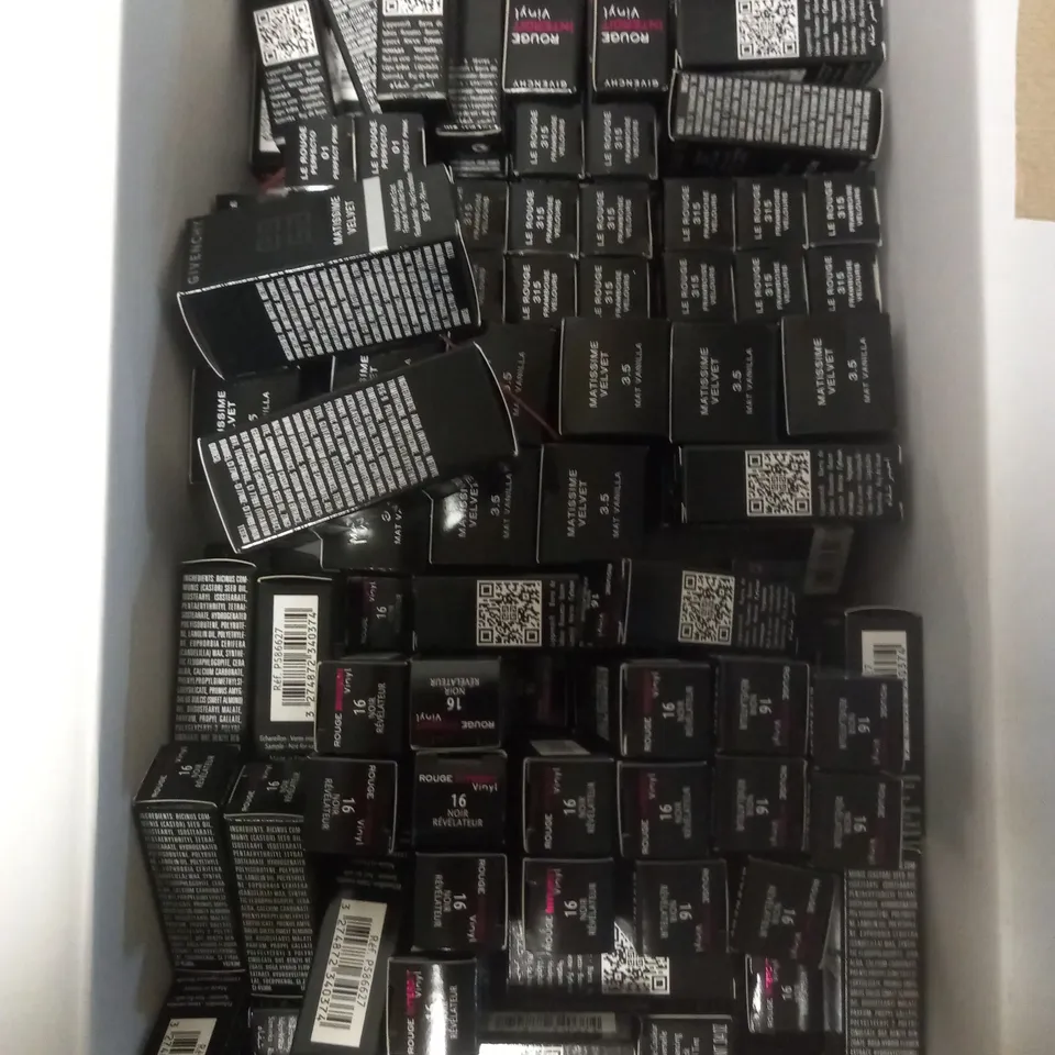 BOX OF APPROXIMATELY 70 ASSORTED GIVENCHY BEAUTY PRODUCTS TO INCLUDE FLUID FOUNDATION, LIP BALM, LIP STICK ETC
