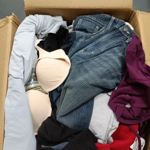 BOX OF APPROXIMATELY 30 ASSORTED CLOTHING ITEMS IN VARIOUS STYLES , COLOURS AND SIZES 