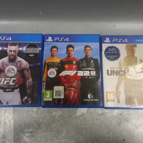 THREE ASSORTED SONY PLAYSTATION FOUR GAMES TO INCLUDE; UFC3, F122 AND UNCHARTED THE NATHAN DRAKE COLLECTION