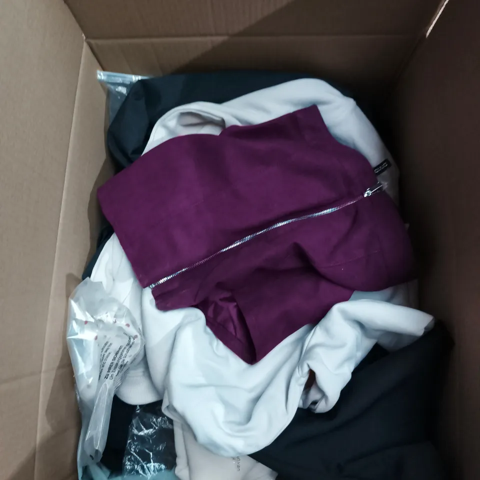 LARGE BOX OF APPROXIMATELY 25 ASSORTED CLOTHING ITEMS IN VARIOUS COLOURS, STYLES AND SIZES - COLLECTION ONLY