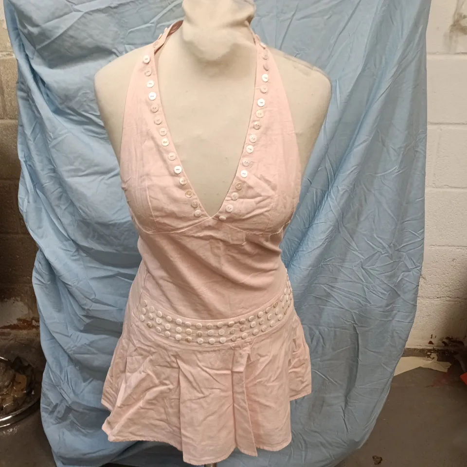 BERSHKA PINK SLEEVELESS HALTER DRESS WITH BUTTON TRIM – XS