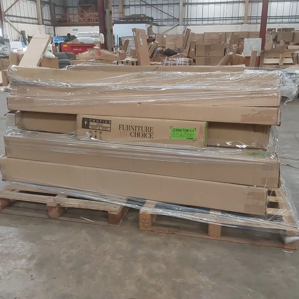 PALLET CONTAINING A LARGE QUANTITY OF ASSORTED DESIGNER FURNITURE PARTS INCLUDING: BED PARTS ECT
