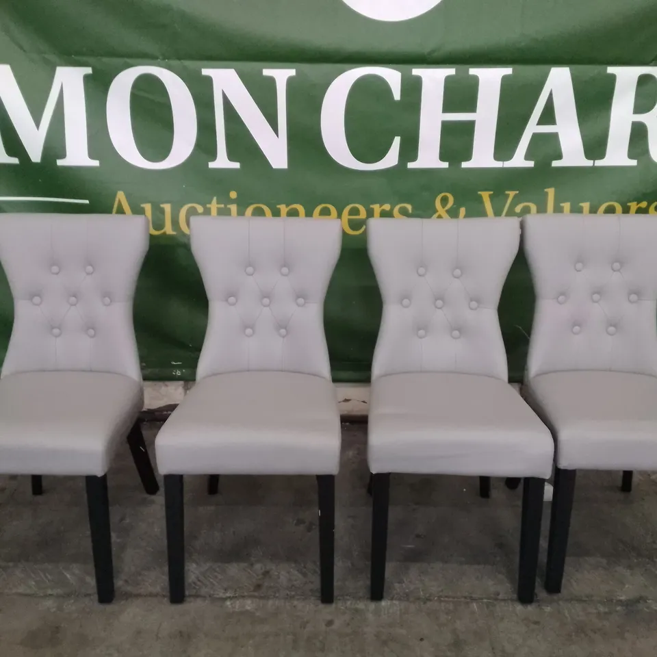 SET OF 4 NEW BEWLEY LIGHT GREY LEATHER BUTTON BACK DINING CHAIRS (BLACK LEG)