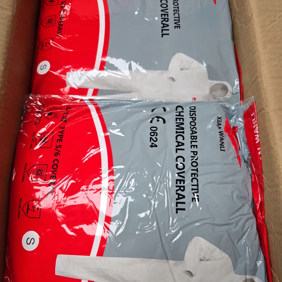 BOX OF APPROX 50 XIAN WANLI DISPOSABLE PROTECTIVE CHEMICAL COVERALL IN WHITE SIZE S