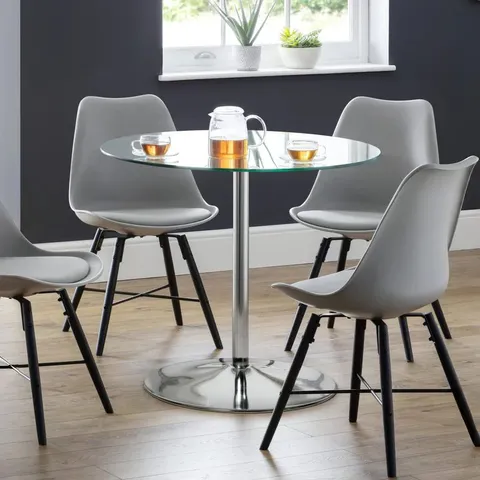 BOXED JULIAN BOWEN KUDOS CHROME AND GLASS PEDESTAL TABLE (1 BOX)