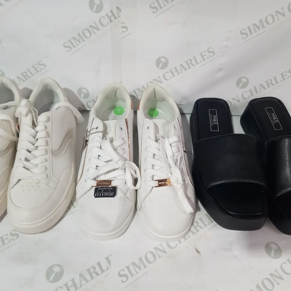 BOX OF APPROXIMATELY 8 ASSORTED PAIRS OF SHOES IN VARIOUS STYLES AND SIZES TO INCLUDE ELLE SPORT, M&S, PULL & BEAR, ETC