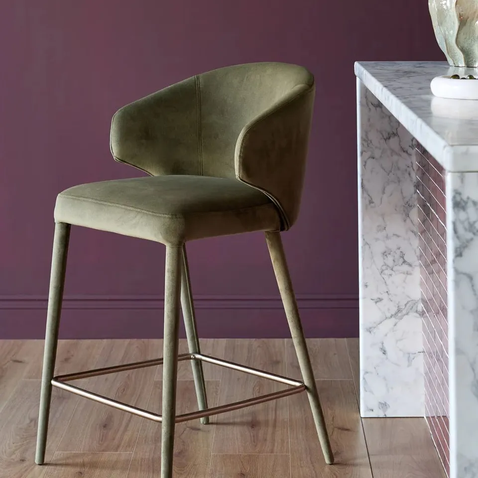 BOXED DANETTI ETHAN OLIVE GREEN VELVET BRUSHED BRONZE BAR STOOL
