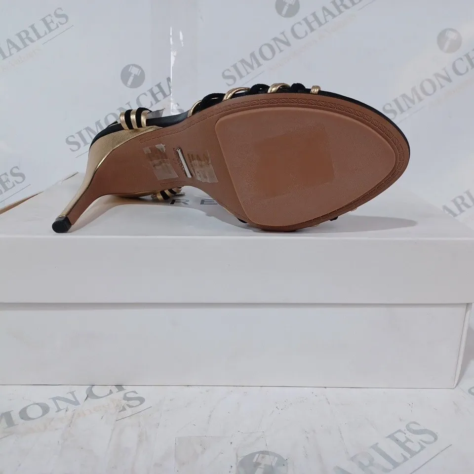 BOXED PAIR OF REISS CASSIDY STRAPPY HEELS IN BLACK/GOLD SIZE 5