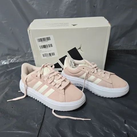 BOXED PAIR OF ADIDAS PINK GRAND COURT PLATFORM SUEDE TRAINER - UK 6