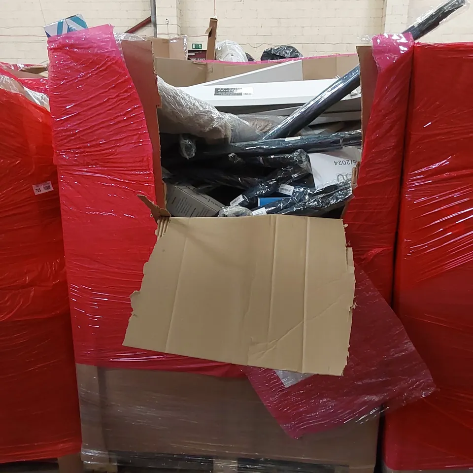 PALLET OF ASSORTED HOUSEHOLD ITEMS AND CONSUMER PRODUCTS. INCLUDING; SOIL SAMPLERS, UMBRELLAS, METAL TUBES ETC
