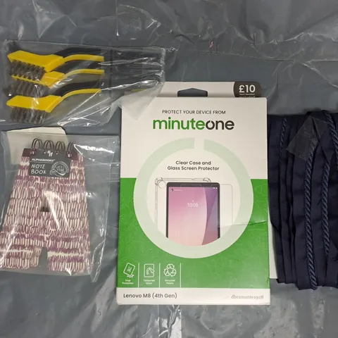 APPROXIMATELY 15 ASSORTED HOUSEHOLD ITEMS TO INCLUDE SCREEN PROTECTOR FOR LENOVO M8 (4TH GEN), NOTEBOOK, ETC