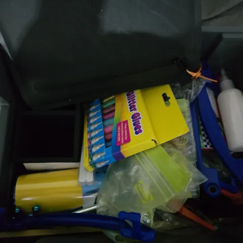 APPROXIMATELY 12 ASSORTED HOUSEHOLD ITEMS TO INCLUDE GLITTER GLUES, UNI-BALL PENS, BAIT JUICE GARLIC, ETC