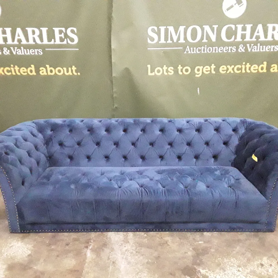 QUALITY DESIGNER MERCER 215CM VELVET SCROLL ARM CHESTERFIELD SOFA - BLUE VELVET FABRIC