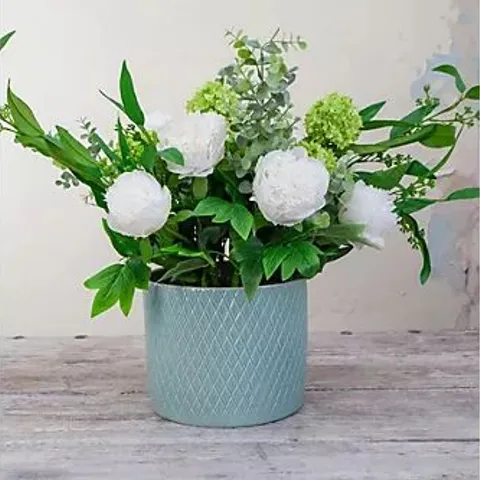 PEONY PEONIES AND FOLIAGE IN A DIAMOND ENGRAVED POT