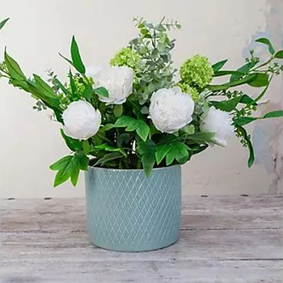 PEONY PEONIES AND FOLIAGE IN A DIAMOND ENGRAVED POT