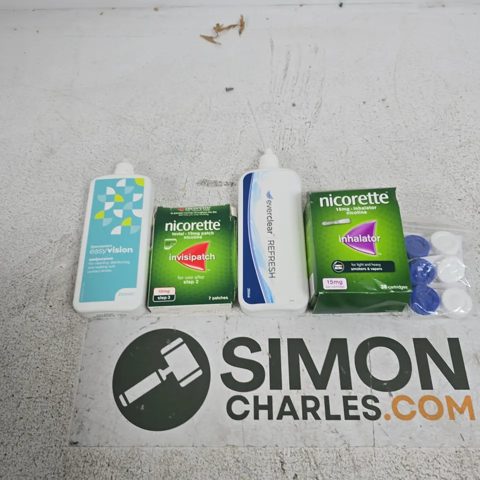 TOTE OF APPROXIMATELY 10 ASSORTED ITEMS INCLUDING NICORETTE INHALATOR, EVERCLEAR REFRESH ANS NICORETTE INVISIPATCH