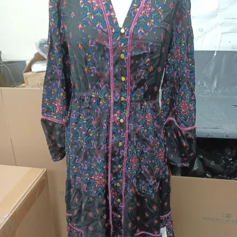 MONSOON SUZETTE V TRIM DRESS BLACK MULTI SIZE MEDIUM