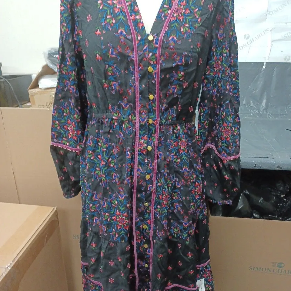 MONSOON SUZETTE V TRIM DRESS BLACK MULTI SIZE MEDIUM