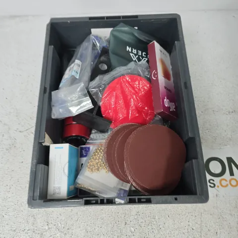 BOX CONTAINING A MIX OF APPROXIMATELY 15 ASSORTED ITEMS INCLUDING SANDPAPER, AIR-UP CAPSULE, FLASK ETC.