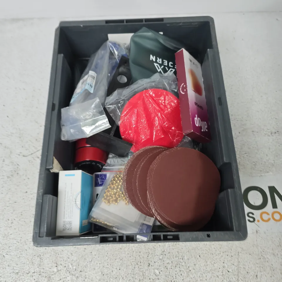 BOX CONTAINING A MIX OF APPROXIMATELY 15 ASSORTED ITEMS INCLUDING SANDPAPER, AIR-UP CAPSULE, FLASK ETC. 