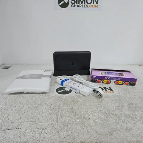 BOX OF APPROXIMATELY 20 ASSORTED HOUSEHOLD ITEMS TO INCLUDE FREEZER BAGS, EXTENSION LEAD, FITTED SHEET, ROUTER ETC
