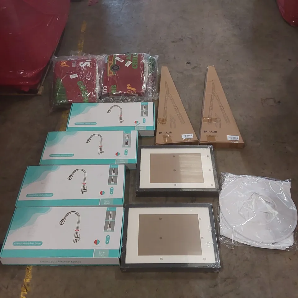 PALLET OF ASSORTED ITEMS INCLUDING: EXTENDABLE KITCHEN FAUCETS, GARDENING SHEERS,  CHRISTMAS DOOR MATS, A3 PICTURE FRAMES, BEE KEEPER SUIT ECT