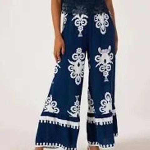 IZABEL LONDON PRINTED WIDE LEG TROUSER NAVY LARGE