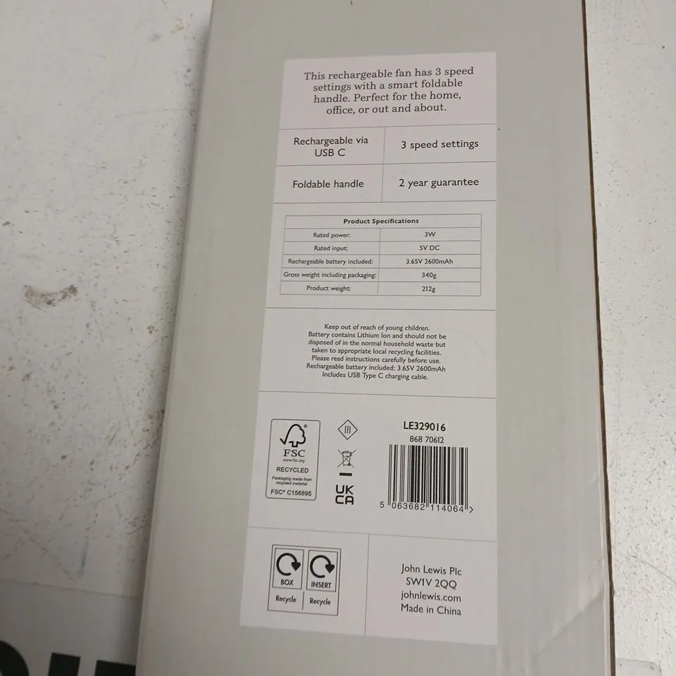JOHN LEWIS 4-INCH RECHARGEABLE HANDHELD FAN