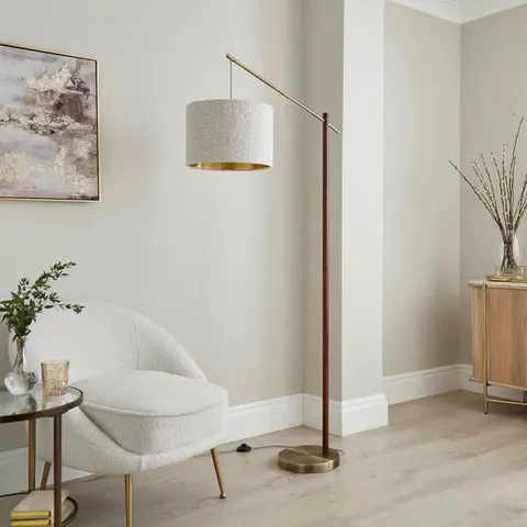 BOXED HAZELLE BOUCLE WOODEN ARC FLOOR LAMP