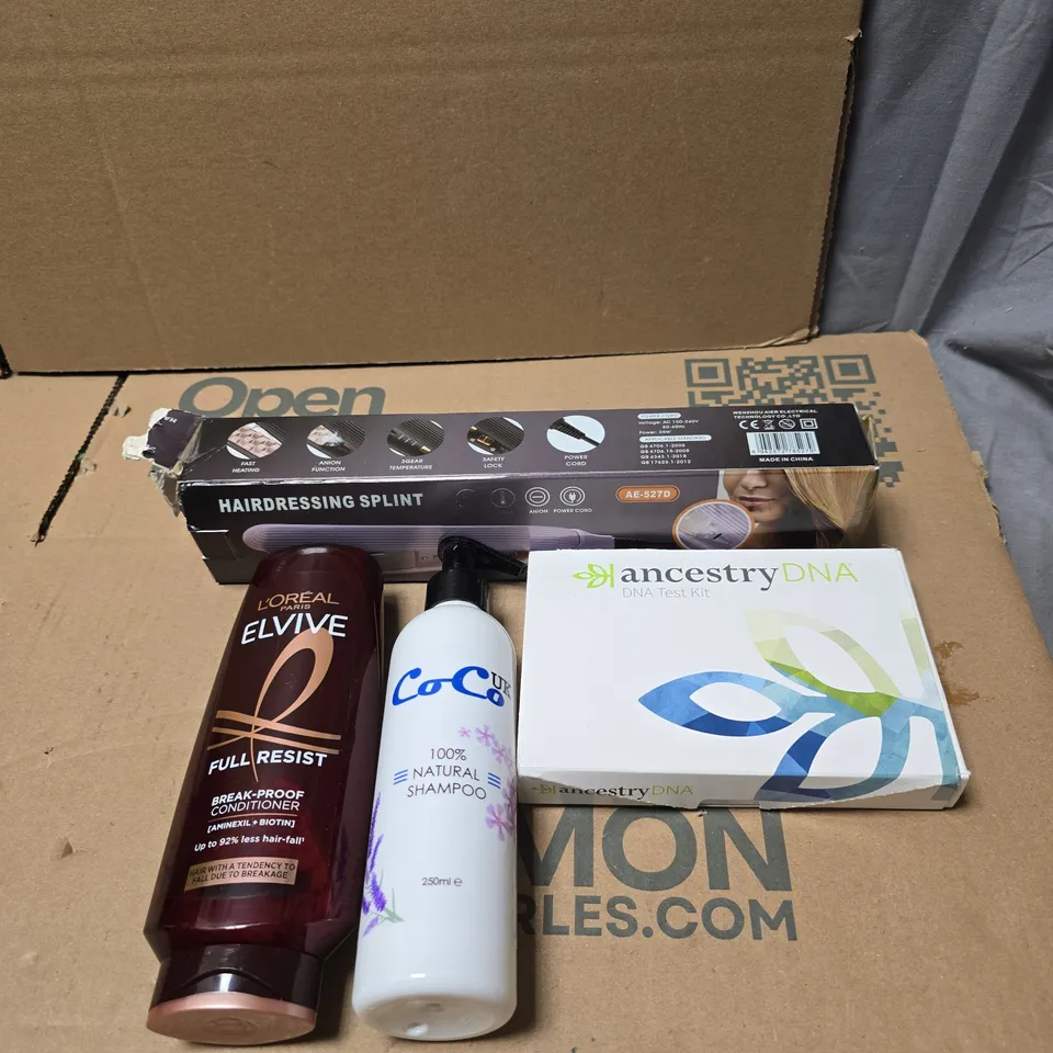 TOTE OF APPROXIMATELY 20 ASSORTED COSMETIC ITEMS TO INCLUDE HAIRDRESSING SPLINT, ANCESTRY DNA KIT, COCO UK SHAMPOO, L'OREAL ELVIVE CONDITIONER ETC