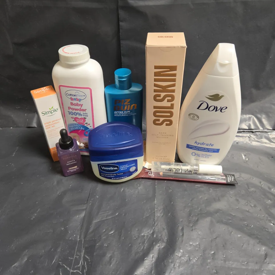 APPROXIMATEY 20 ASSORTED HEALTH AND BEAUTY PRODUCTS TO INCLUDE - DOVE BODY WASH - SOLSKIN DARK TANNING MOUSSE - VASELINE PROTECTING JELLY - ETC