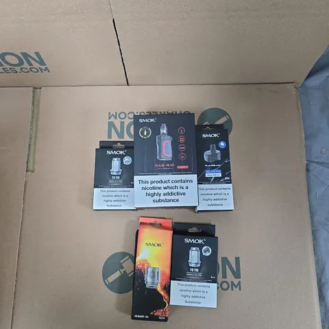 BOX OF APPROXIMATELY 30 ASSORTED E-CIGARETTES AND ACCOMPANIMENTS TO INCLUDE: VARIOUS SMOK PRODUCTS 