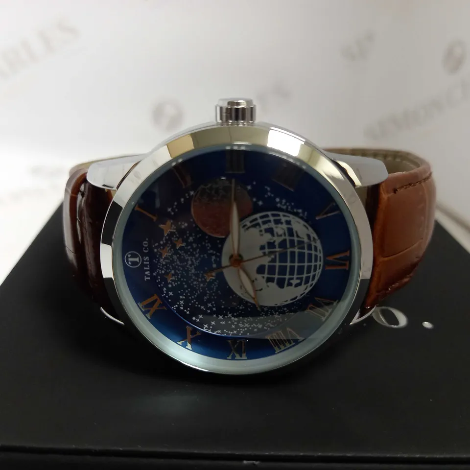 TALIS CO. AUTOMATIC ASTRO GLOBE DETAIL LEATHER STRAP WRISTWATCH RRP £699