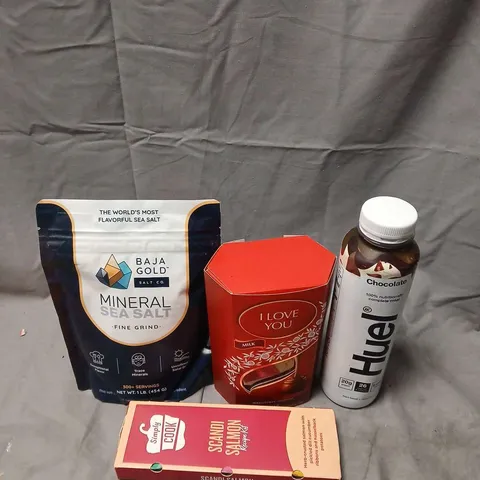 ASSORTED FOOD & DRINK LOT: BAJA GOLD SEA SALT, I LOVE YOU MILK CHOCOLATE, HUEL AND SCANDI SALMON (SIMPLY COOK)